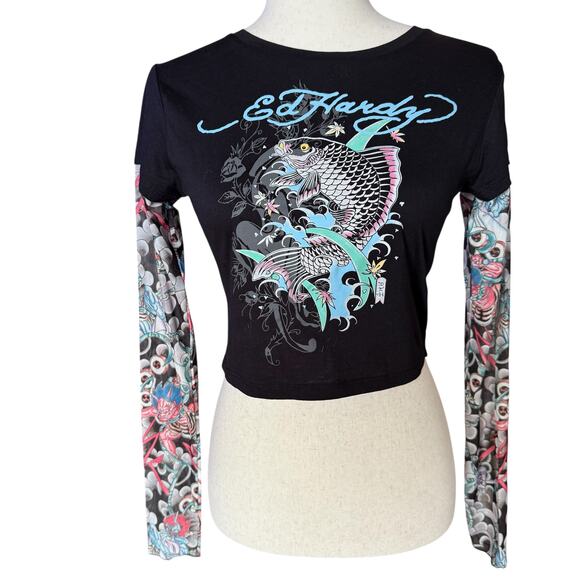 Ed Hardy Layered Tattoo Sleeve Koi Fish Black Graphic T Shirt Y2K Crop Top M - Picture 6 of 10